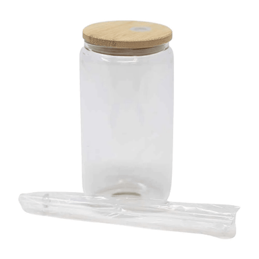 Vaso de vidrio transparente tapa de bambú para sublimación 16 oz